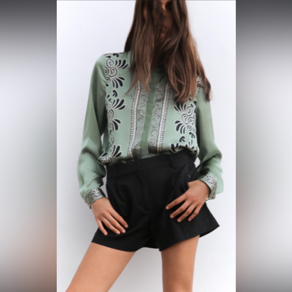 Zara New With Tags Green and Black Patterned Satin Effect Blouse.  XL